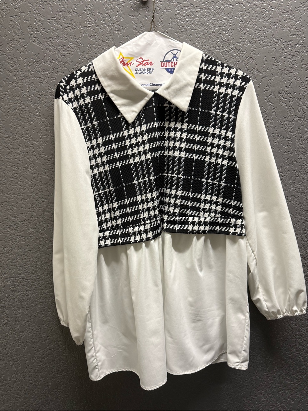 Black & White Houndstooth Panel Collar Blouse